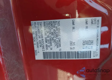 2024 Nissan Altima Sv Fwd z USA, uszkodzony, nr VIN 1N4BL4DV4RN405961